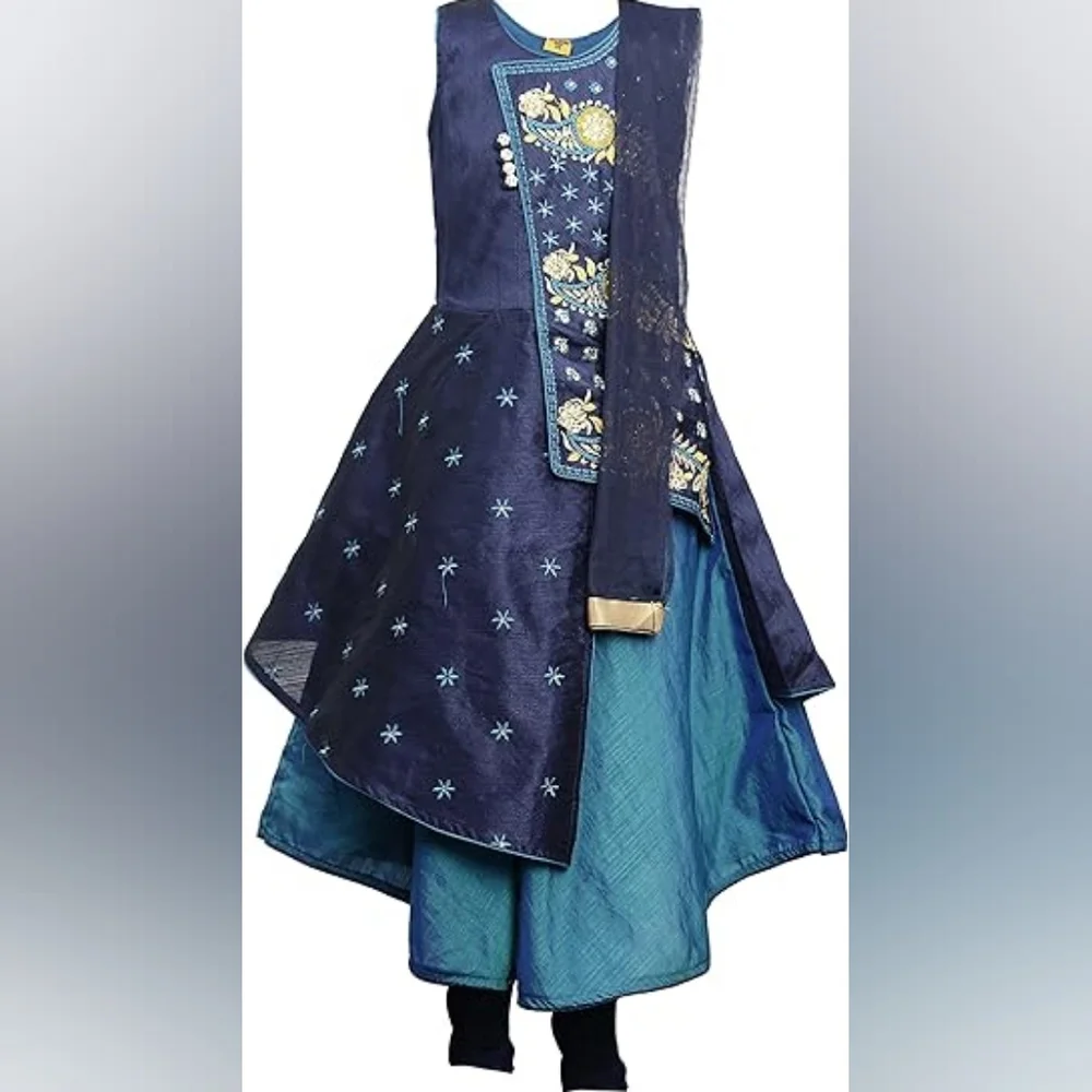 Elegant Dark Green Blue Ashwini Girls' Embroidery Salwar Suit - Size 34 (10-11)